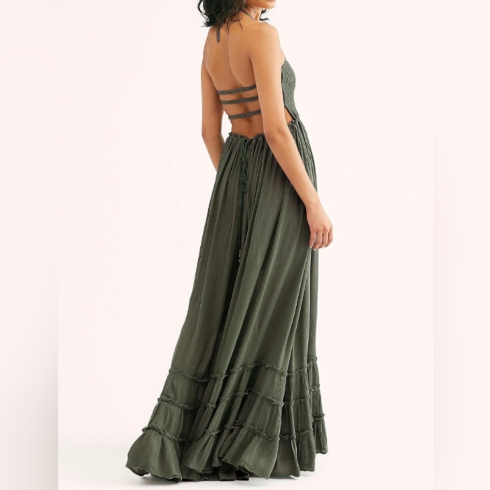 Army Green Summer Maxi Dress Tiered Full Flowy Bohemian Beach Vacation New